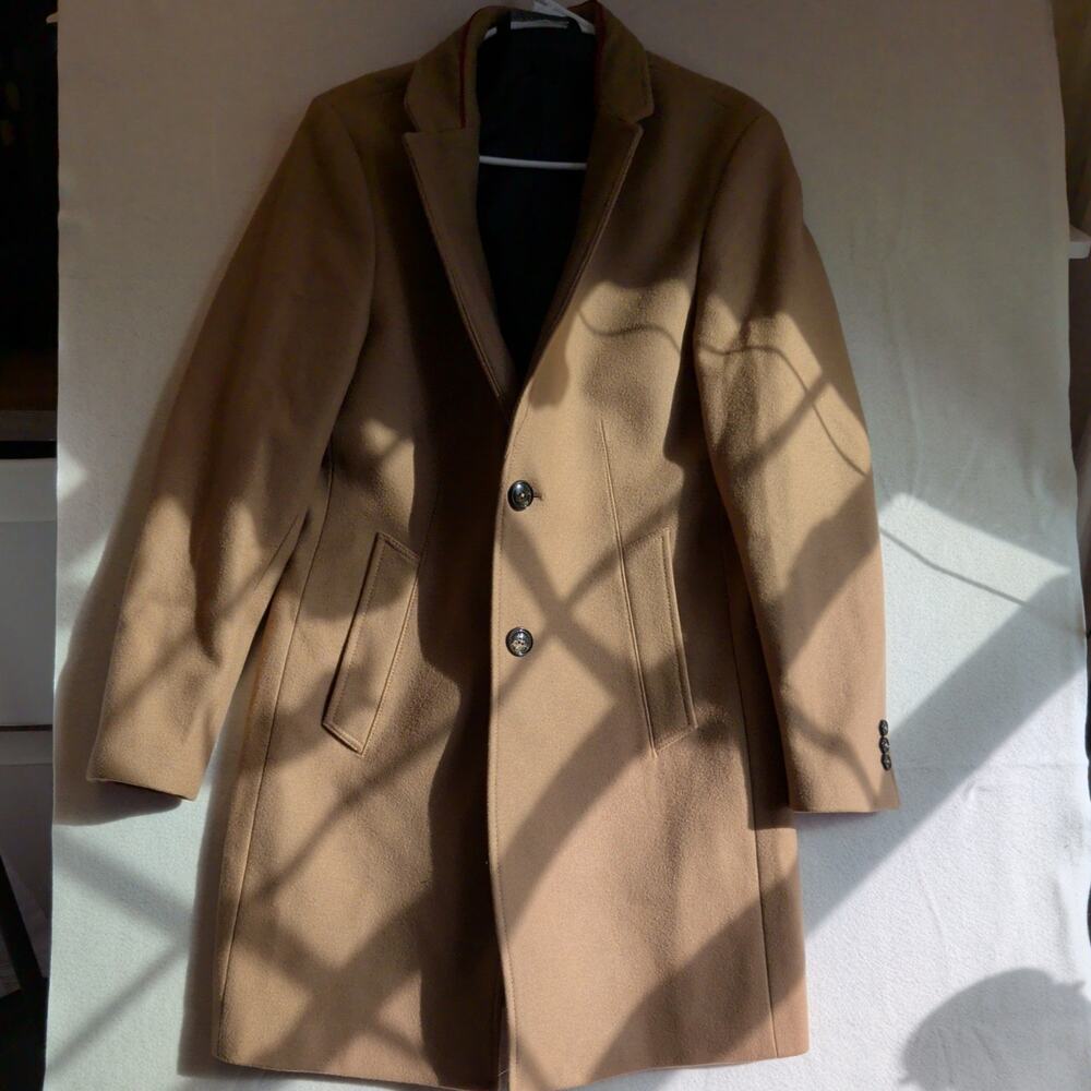 Zara Man Wool Blend Overcoat Camel Tan Coat Classic Tailored Trench Jacket S